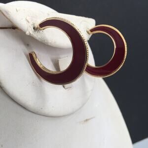 Vintage Golden Garnet Enamel Crescent Pierced Earring Costume Jewelry Y2K